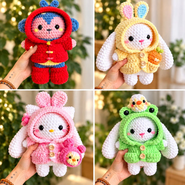 4-in-1 Crochet Pattern Bundle – Cute Bunny, Kitten & Hooded Amigurumi Characters PDF