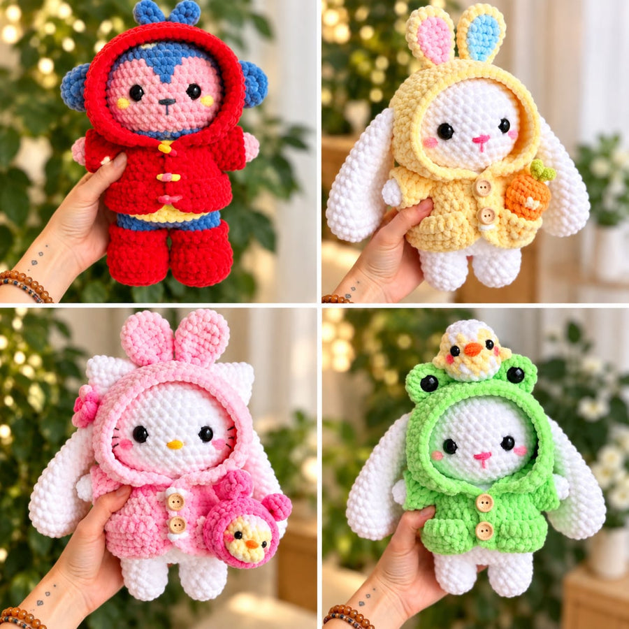 4-in-1 Crochet Pattern Bundle – Cute Bunny, Kitten & Hooded Amigurumi Characters PDF