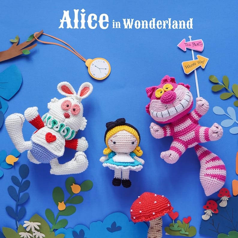 Alice in Wonderland Crochet Patterns – Alice, White Rabbit & Cheshire Cat Amigurumi PDF
